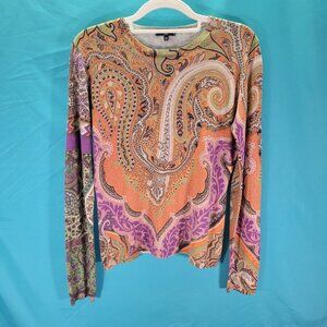 Etro Milano Womens Paisley Silk & Cashmere Long Sleeve Size 10 Made In Italy
